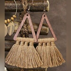New! Triangle Wood Tassel Dangle Earrings